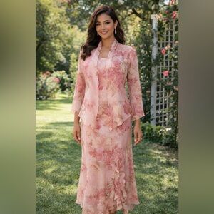 VTG Kathy Roberts 2 Piece Pink/Rose Floral Sleeveless Formal Dress Set Size 12